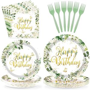 Grencian 96Pcs Sage Green Happy Birthday Party Decorations Retro Green Birthday Plates Eucalyptus and White Flower Paper Plate Disposable Sage Tableware for Baby Shower Party Favors Serves 24