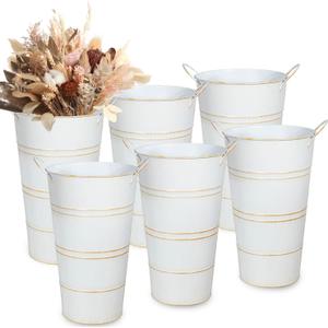 vensovo 12 Inch Galvanized Metal Vases for Flowers - 5 Pcs Farmhouse Decorative Tall Flower Bucket with Handles, Rustic French Tin Planter Buckets for Wedding Decor (White)
