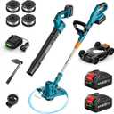 SEESII Electric String Trimmer and Leaf Blower Combo Kit, 3 in 1 Cordless Weed Wacker Grass Eater with 1.3"/2.1" Height, Battery 12" Lawn Mower & Rotary Handheld Blower with 5-Speed for Yard Lawn (Blue)