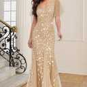 Women's Formal Evening Gowns Long Sparkly Sequin Elegant Tulle Sleeve Mother of Bride Dress Bodycon Maxi Prom Dresses (Beige, L)