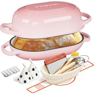 Enameled Cast Iron Sourdough Bread Oven, Dutch Oven for Bread Baking, - incl. Sourdough Bread-Baking Supplies like Banneton Bread-Proofing Basket - 5QT Loaf Cast Iron Bread Pan-Making Kit Pan, Pot, Sour Sough Tools, Lame (Pink)