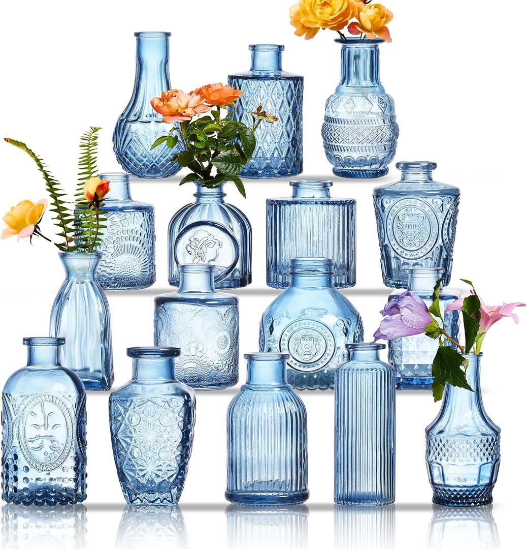Glass Bud Vases Set of 16 - Blue Assorted Small Mini Glass Vases for Flowers, Crystal Vintage Vase Set, Bulk Centerpieces for Table Dcor, Wedding, Home and Events (Blue, 16 Pcs)