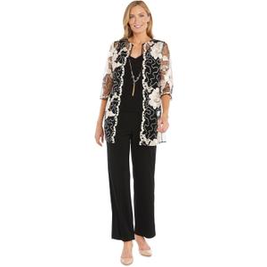 R&M Richards Women's 3-Piece Sequin Soutache Cardigan Pantsuit Set W/Necklace - Includes Tank Top & Wide Leg Pull-On Pants, 12, Champagne/Black