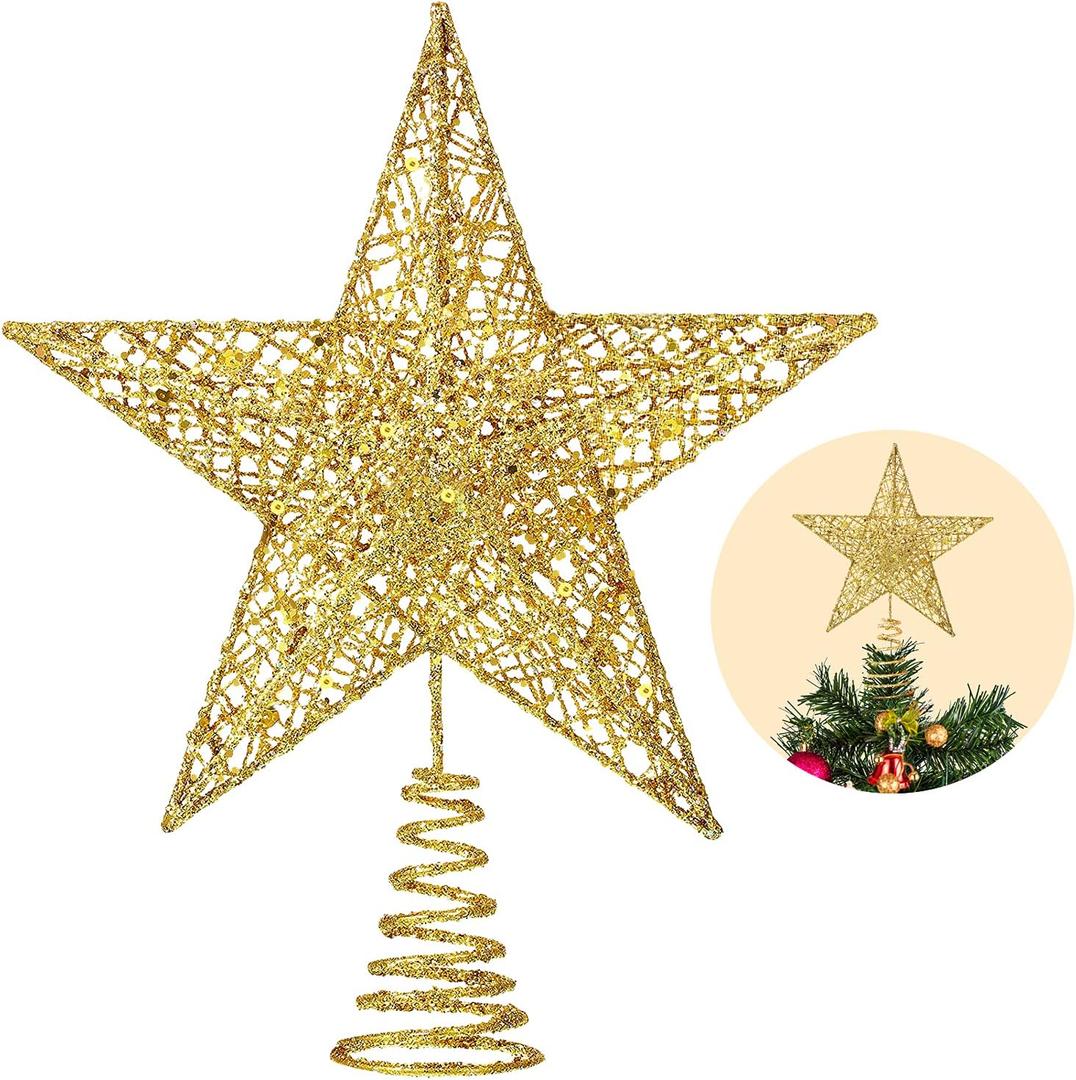 Christmas Tree Toppers Xmas Glitter Gold Hollow Star Treetop Topper for Christmas Tree Decoration 1
