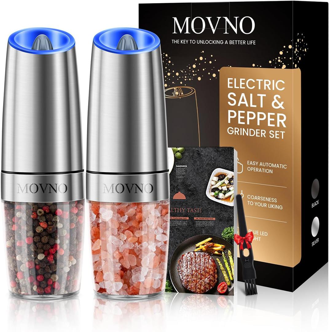 Gravity Electric Salt and Pepper Grinder Set, Battery Powered LED Light One Hand Automatic Operation, Adjustable Coarseness Mill Grinders Shakers Black (B.Silver 2p)