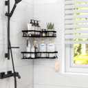 Sakugi Corner Shower Caddy - 2 Pack, Adhesive Shower Organizers, Rustproof Stainless Steel Shower Shelves with 8 Hooks, No Drilling Bathroom Organizers and Storage Racks, Space-Saving, Black, Medium
