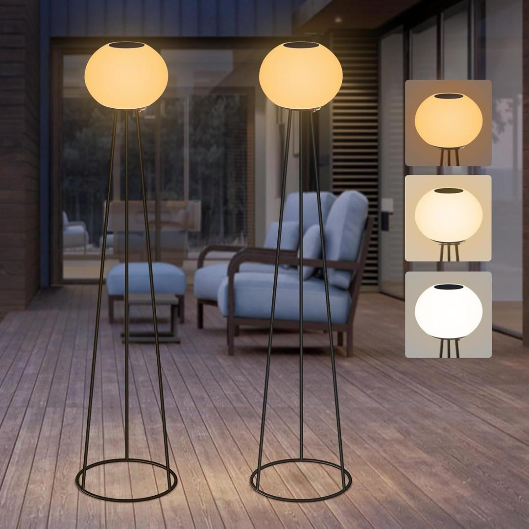 2 Pack Solar Floor Lamp, Cordless Tripod Floor Lamp for Living Room, Rechargeable 3-Way Outdoor Floor Lamp for Patio, Garden, Yard