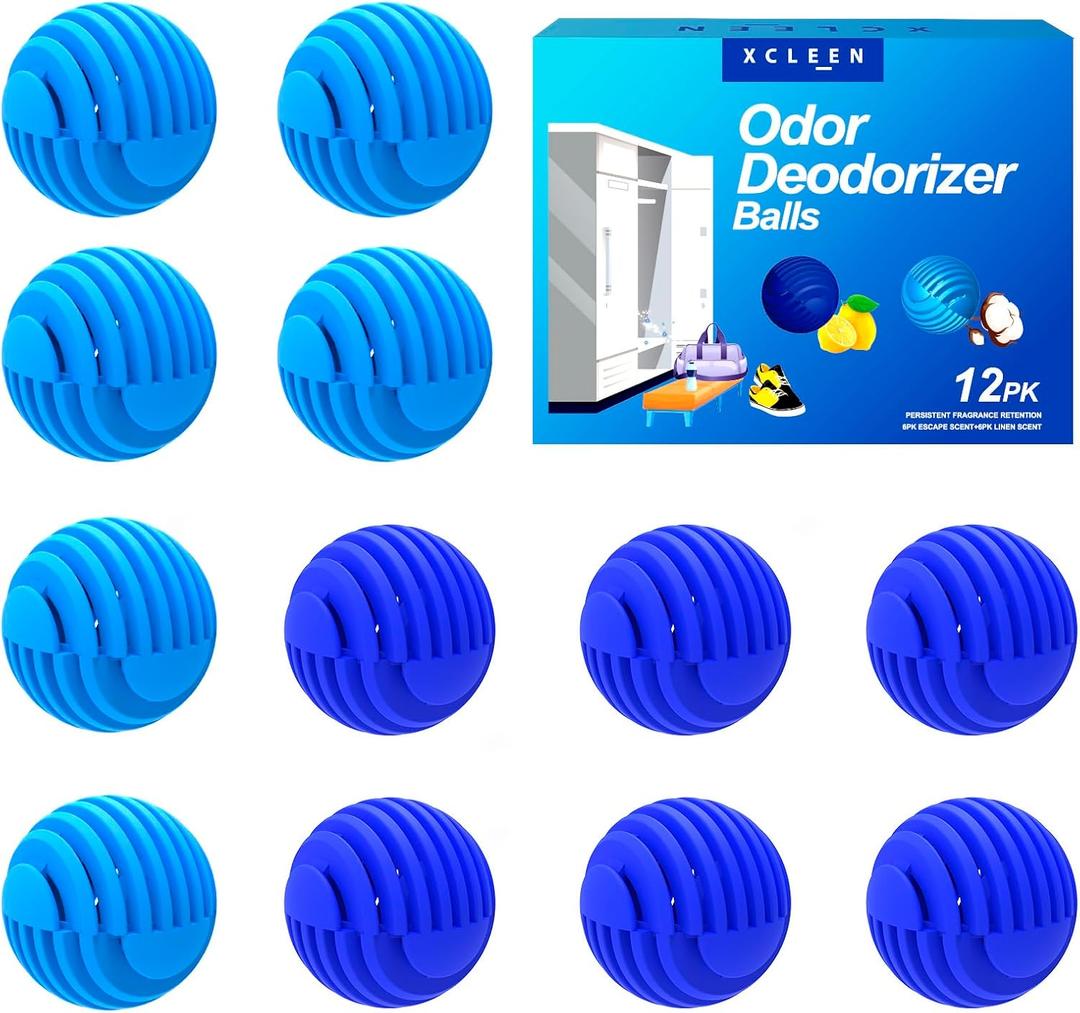 Xcleen Sneaker Deodorizer Balls 12 Pack, Linen and Escape Scent, Odor Eliminator Balls for Closet Car Gym Bag, Long Lasting Small Space Air Freshener With Essential Oil