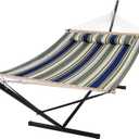 SUNCREAT Double Hammock, Extra Large Quilted Fabric Swing with Hardwood Spreader Bars & Detachable Pillow, Heavy Duty, Perfect for Indoor/Outdoor Patio, Deck, Yard, Blue&Aqua