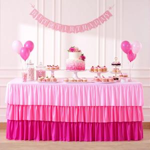 Pink Tablecloths for 6 foot Rectangle Tables 6ft Pastel Gradient Pink Table Cloths for Parties Ruffle Spandex Table Cover with Skirt for Baby Shower Girls Unicorn Birthday Party Dessert Banquet Buffet
