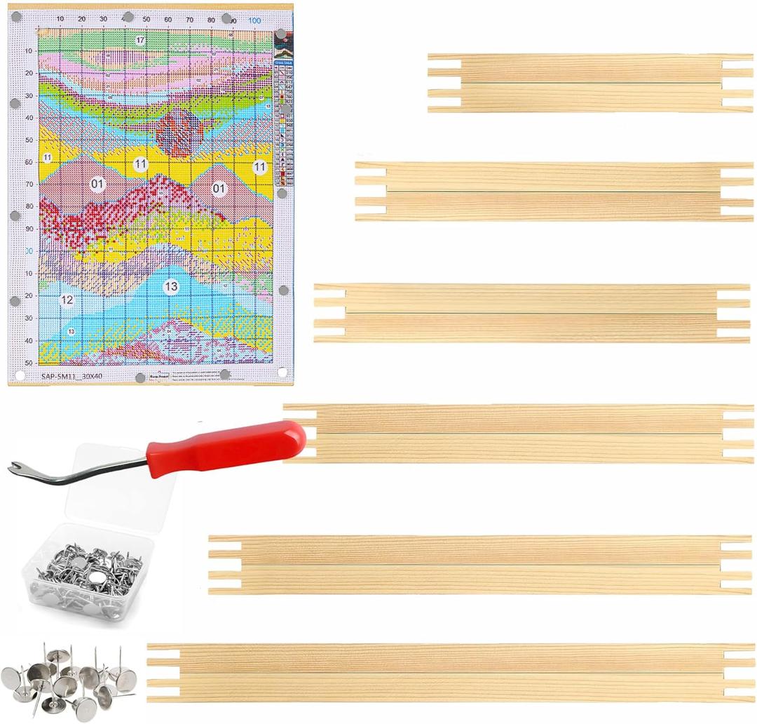 12 Pcs 3 Sets Stretcher Bars for Needlework 6 Sizes Wooden Canvas Stretcher Bars with 40 Thumb Tacks and Tacks Remover for Needlepoint Embroidery Stitch Frame Set Bundle with Crafts