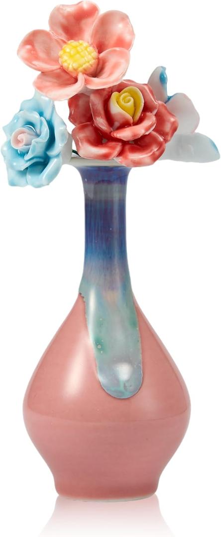 Small Ceramic Cherry Blossom Pink Tall Vase with Four Ceramic Flowers