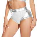 Women's Metallic Booty Shorts Shiny High Waisted Rave Dance Festival Bottoms (Silver, M)
