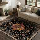 RELEANY Area Rugs 4'x6' Washable Non-Slip, Floral Vintage Distress Print Pattern Medallion Carpet for Living Room Bedroom Dining Room, Black Colorful Floral Dark Tan