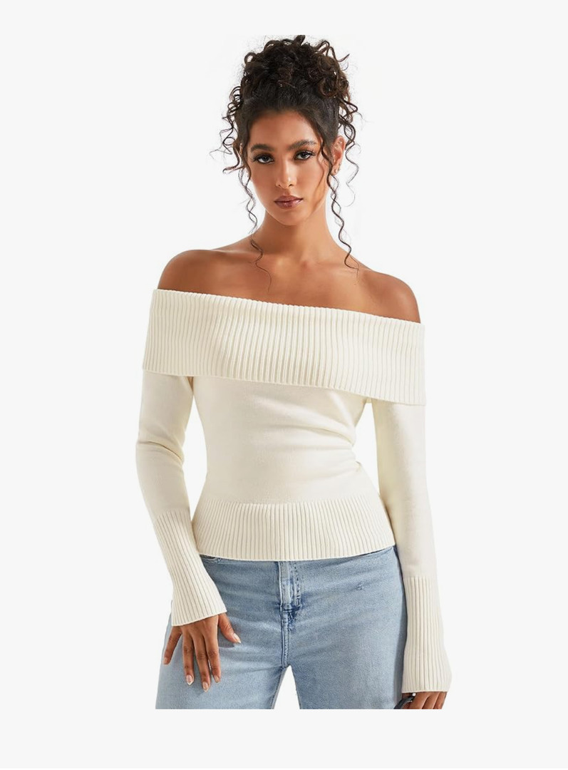 SUUKSESS Women Off Shoulder Sweaters Long Sleeve Ribbed Knit Going Out Fall Tops Blouse, Size M