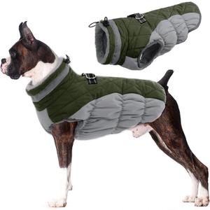 Lelepet Dog Coat Warm Dog Winter Coat Waterproof Dogs Jacket with Harness Built in Reflective Pet Fleece Vest Zip-Up Cold Weather Coats for Large Dogs Turtleneck & Windproof Coats Boxer Army Green XL