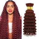 Reddish Brown Human Braiding Hair for Boho Braids 150g 24 24 24 inch 33 Deep Wave Human Bulk Hair for Braiding Knotless 10A Wet and Wavy Bulk Bohemain Curly 3 Bundles