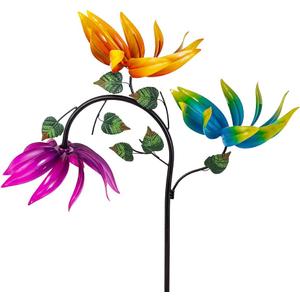 24" Large Wind Spinner Outdoor - Heavy Duty Multi Colored Flowers Wind Sculpture with Metal Stake, Three Flower Design Pinwheels for Yard and Garden Decor
