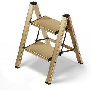 HillhutApex 2 Step Stool, Aluminum Foldable Step Ladder, Lightweight Stable Stool with Wide Non-Slip Pedals, 330lbs Bearing Capacity Ladder for Office,Home,Kitchen - Gold