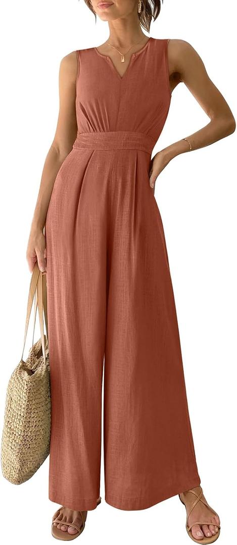 ANRABESS Jumpsuits for Women Summer Dressy Casual Linen Romper Sleeveless V Neck High Waist Wide Leg Beach Vacation Outfits (Orange, S)