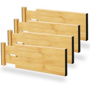 BAMEOS 4" High Bamboo Drawer Dividers - Adjustable Small Drawer Organizer - Kitchen, Dresser, Bathroom, Bedroom & Office - 4-pack (Natural)