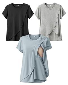 Rnxrbb Summer Maternity Nursing Shirts for Breastfeeding Tops Short Sleeve Postpartum Sets Clothes 3 Pack for Women, Black&Light Gray&Gray, Blue, XS