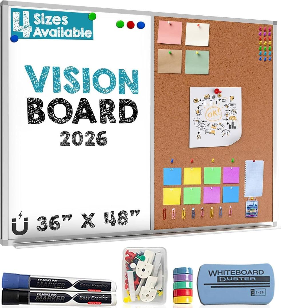 White Board and Cork Board Combo (36x48) Vision Board for 2026 - Half Bulletin Corkboard with Dry Erase Whiteboard Combination for Office or Home, Memo Board