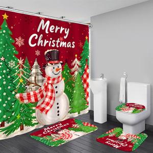 AZHM 4PCS Red Merry Christmas Snowman Shower Curtain for Bathroom Christmas Tree Bathroom Sets with Shower Curtain and Rugs with 12 Hooks