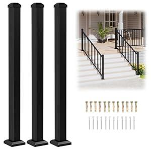Egadis 3 Pack 2.56 in. x 2.56 in. x 39 in. Aluminum Deck Railing Post with Screws, Black Textured Outdoor Powder-Coat Finish Stair Post for Decks, Porches & Balconies (3 x 39in Posts)