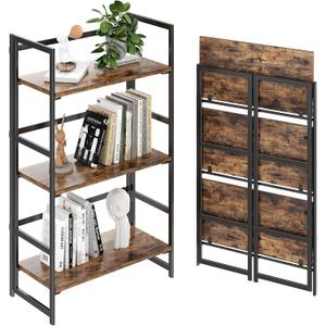 BHG Vintage Multifunctional Folding Bookshelf, No-Assembly Plant Stand Storage Rack Shelves for Home Office (Fire, 3-Tier)