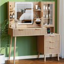 Fluted Vanity Desk with Mirror and LED Lights, Glass Top Makeup Vanity with 5 Drawers, Light Brown