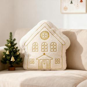 DN DECONATION House Shape Christmas Pillow, White Decorative Pillow 15In - Gold Embroidered Faux Fur Holiday Throw Pillow for Sofa Bedroom Home Christmas Decor (Hut)