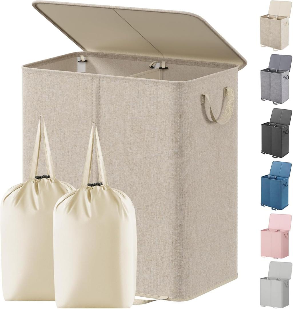 Lifewit Double Laundry Hamper with Lid and Removable Laundry Bags, Large Collapsible 2 Dividers Dirty Clothes Basket with Handles for Bedroom Laundry Room Closet Bathroom College, 155L Beige