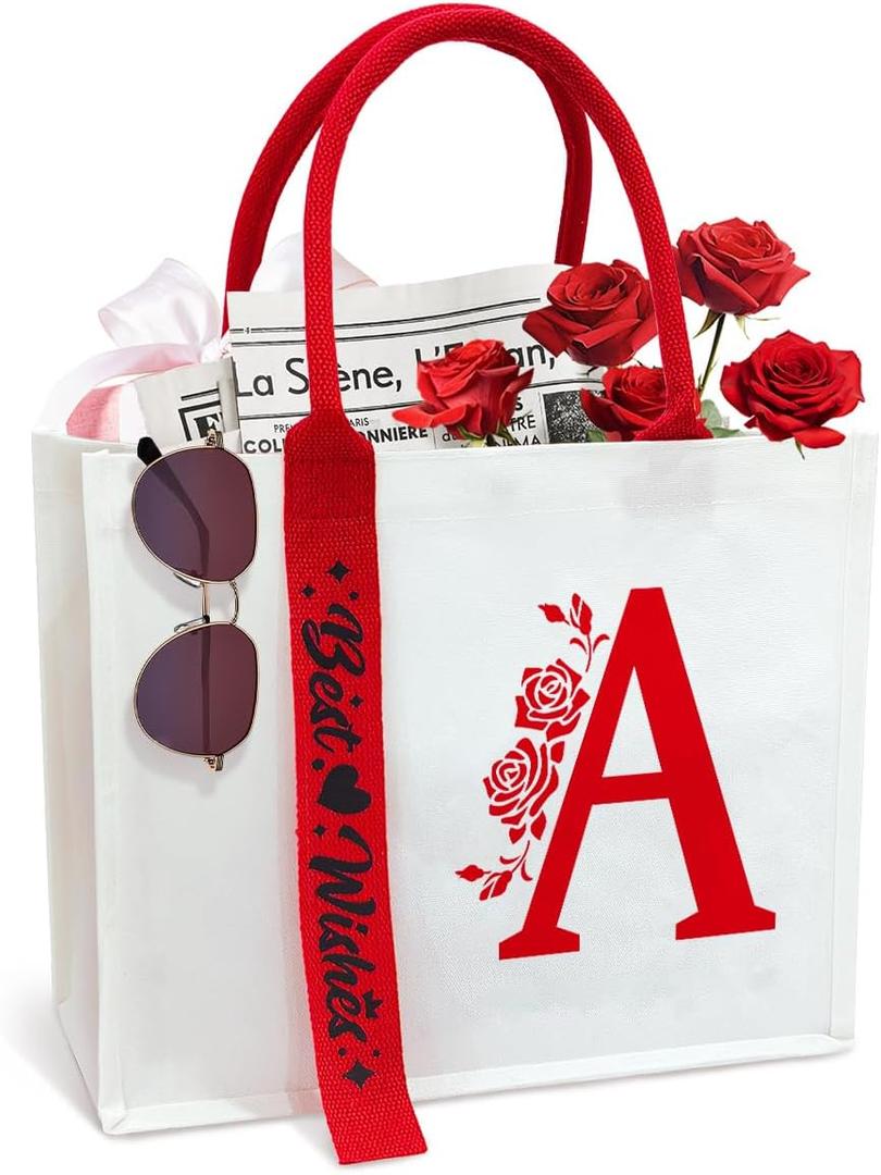 Personalized Initial Ribbon Canvas Tote Bag Gifts for Her Wife Mom Friend Birthdays Weddings (13.7 x 11.8 x 4.7 inch)
