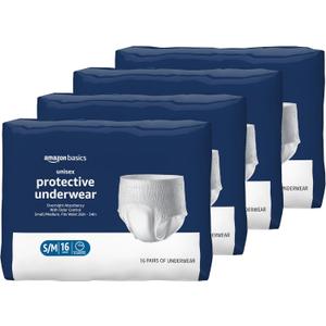 Amazon Basics Unisex Protective Overnight Incontinence Underwear with Odor Protection, Small/Medium, 64 Count (4 Packs of 16)