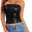 Women's PU Leather Tube Top Strapless Ruched Tank Tops Sexy Bandeau Going Out Shirt Partywear Club Concert Outfit, L