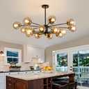 16 Light Glass Globe Chandelier Mid Century Sputnik Pendant Light Fixture Black and Gold Ceiling Light for Living Room Kitchen Dining Room Bedroom Farmhouse