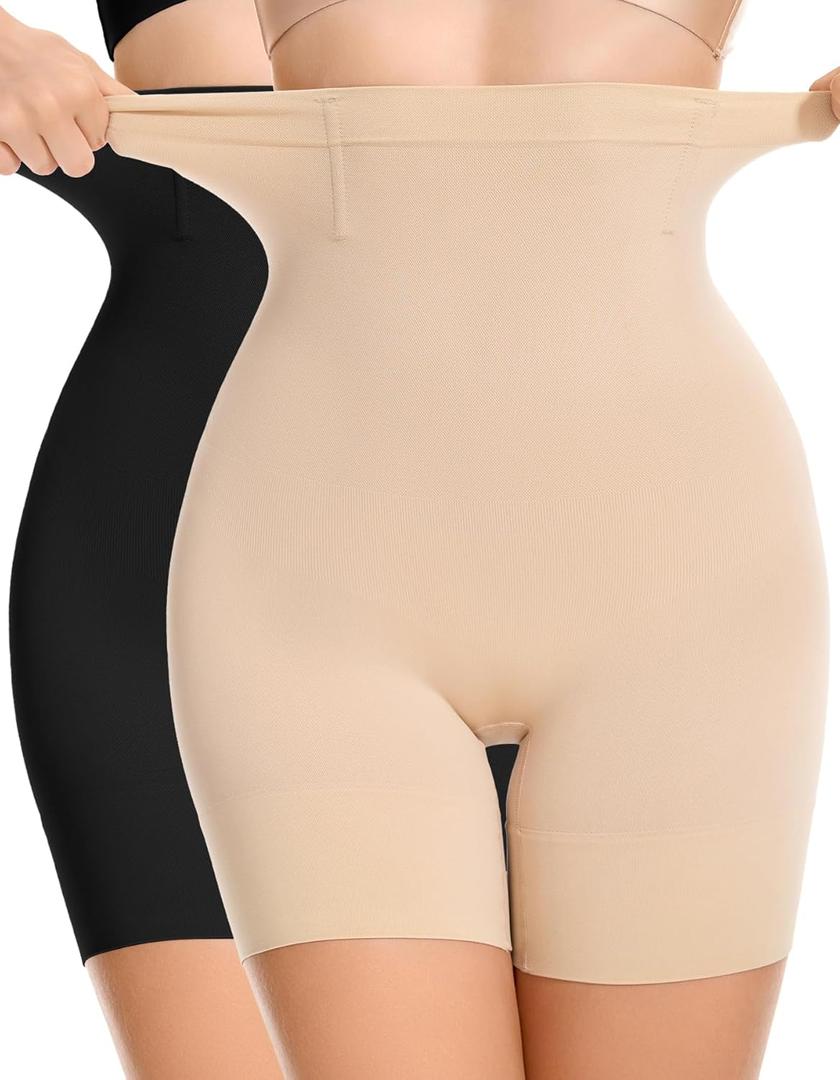 SIMIYA Shapewear Tummy Control Shorts for Women, 5-IN-1 Body Shaper High Waisted Girdle Boyshort Slip Short for Under Dresses (Large, Nude+black)