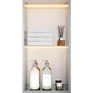Stainless Steel LED Lights Shower Niche 12"x24" - No Tile Needed Double Shelves Recessed Wall Niche for Bathroom Storage, Brushed, W12" x H24"