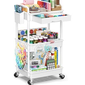 SUNALLY 3 Tier Rolling Cart with Drawer, Bathroom Storage Organizer with 2 Lockable Wheels, Multifunctional Rolling Storage Cart for Bathroom, Kitchen, Office, Craft, Makeup, Baby Essentials, White