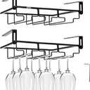 AUHOKY 2Pcs Adjustable Glass Rack Under Cabinet, Punch-Free 3 Rows Stemware Metal Holder, Hanging Glass Storage Hanger Organizer for Shelf Kitchen Bar Decor (3 Rows, Black)