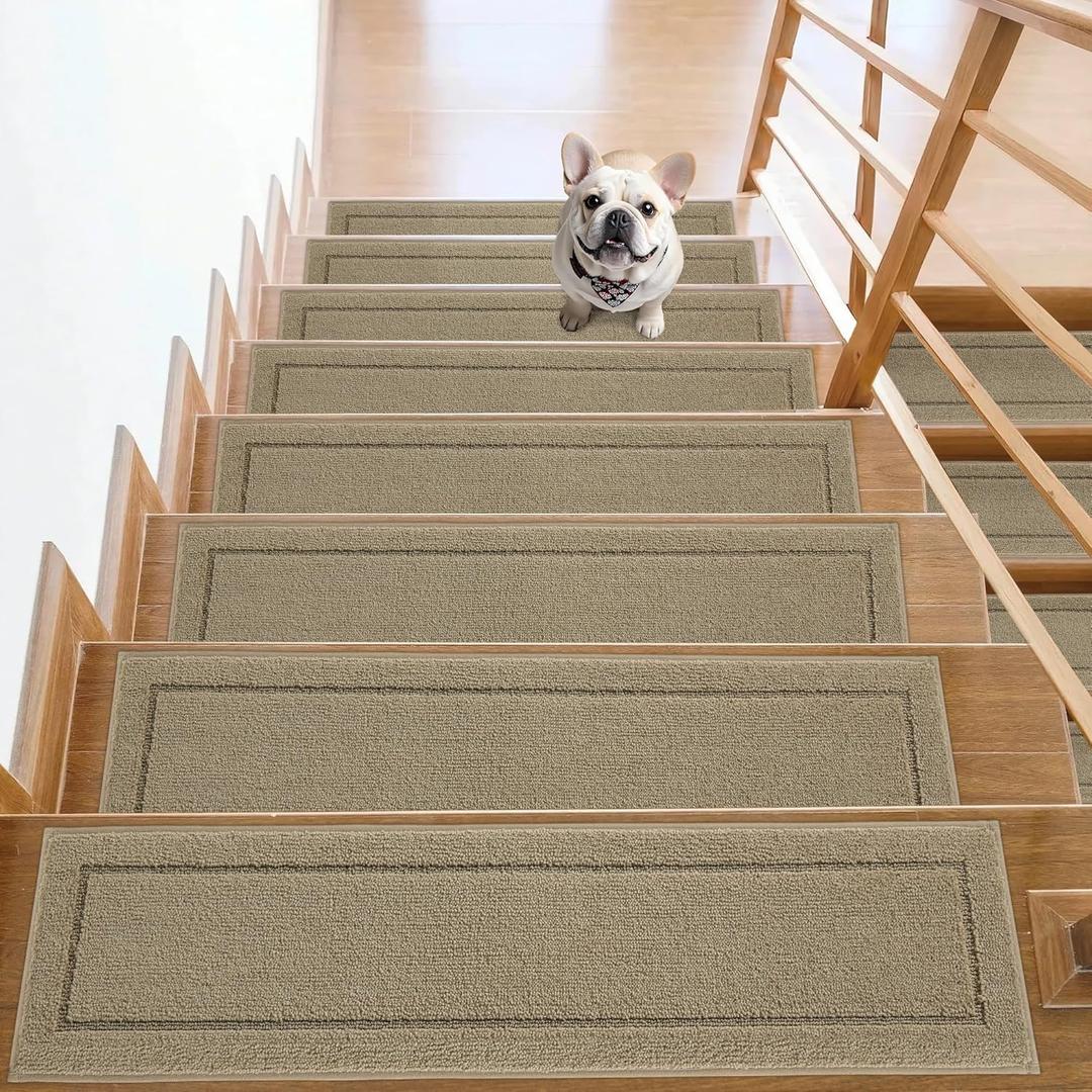Non-Slip Stair Treads for Wooden Steps Indoor, 15 Pack 8" X 30" Edging Stair Rugs with TPE Backing, 0.4" Thick Carpet Stair Treads for Kids Elders & Pets, 100% Polyester Soft Stair Runners, Beige