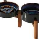 Ceramic 0.9 Cup Raised Slow Feeder Dog Bowl Set, Elevated 6.1inch Water Bowl and 6.1inch Slow Dish with Acacia Wood Stand for Small Dogs (2 x Starry Sky+ Stand)