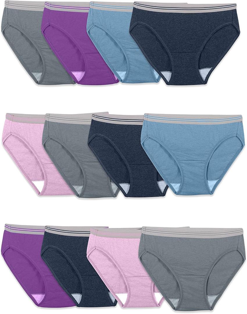 Fruit of the Loom Women's Eversoft Cotton Underwear Multipacks, Tag Free & Breathable, Plus Size (6, Bikini - Grey/Blue/Purple)