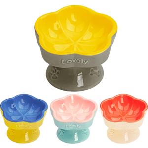 S&Q's CERAMICS Raised Cat Bowl, Elevated Cat Bowl for Food and Water, Ceramic Titled Dish, Anti Vomit & Whisker Friendly, Microwave and Dishwasher Safe (Yellow, 5.8")