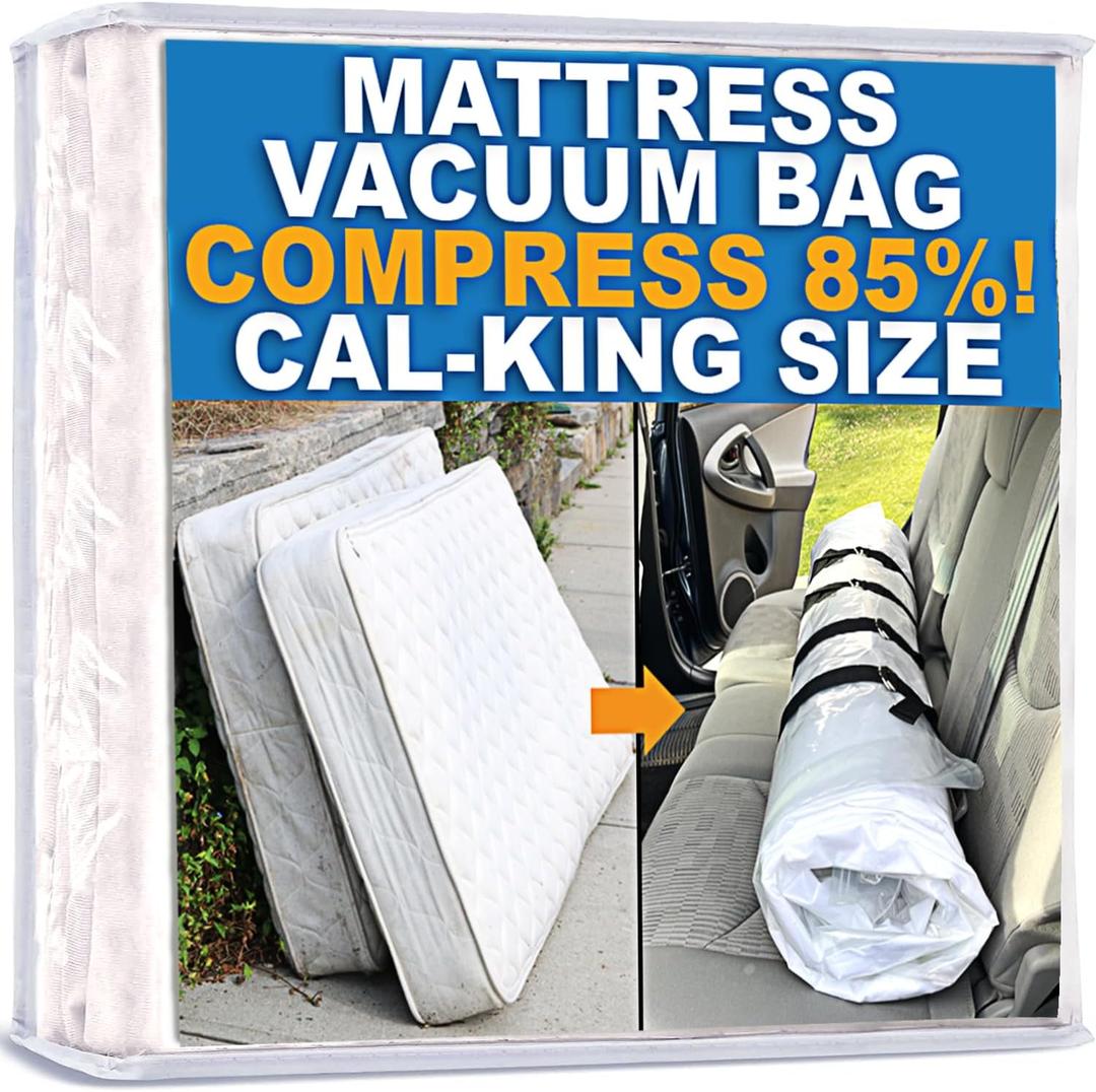 Mattress Vacuum Bag for Moving, Vacuum Seal Mattress Bag for Memory Foam or Inner Spring Mattresses, Compression and Storage for Returns, Leakproof Valve and Double Zip Seal (Cal-King) (Clear)