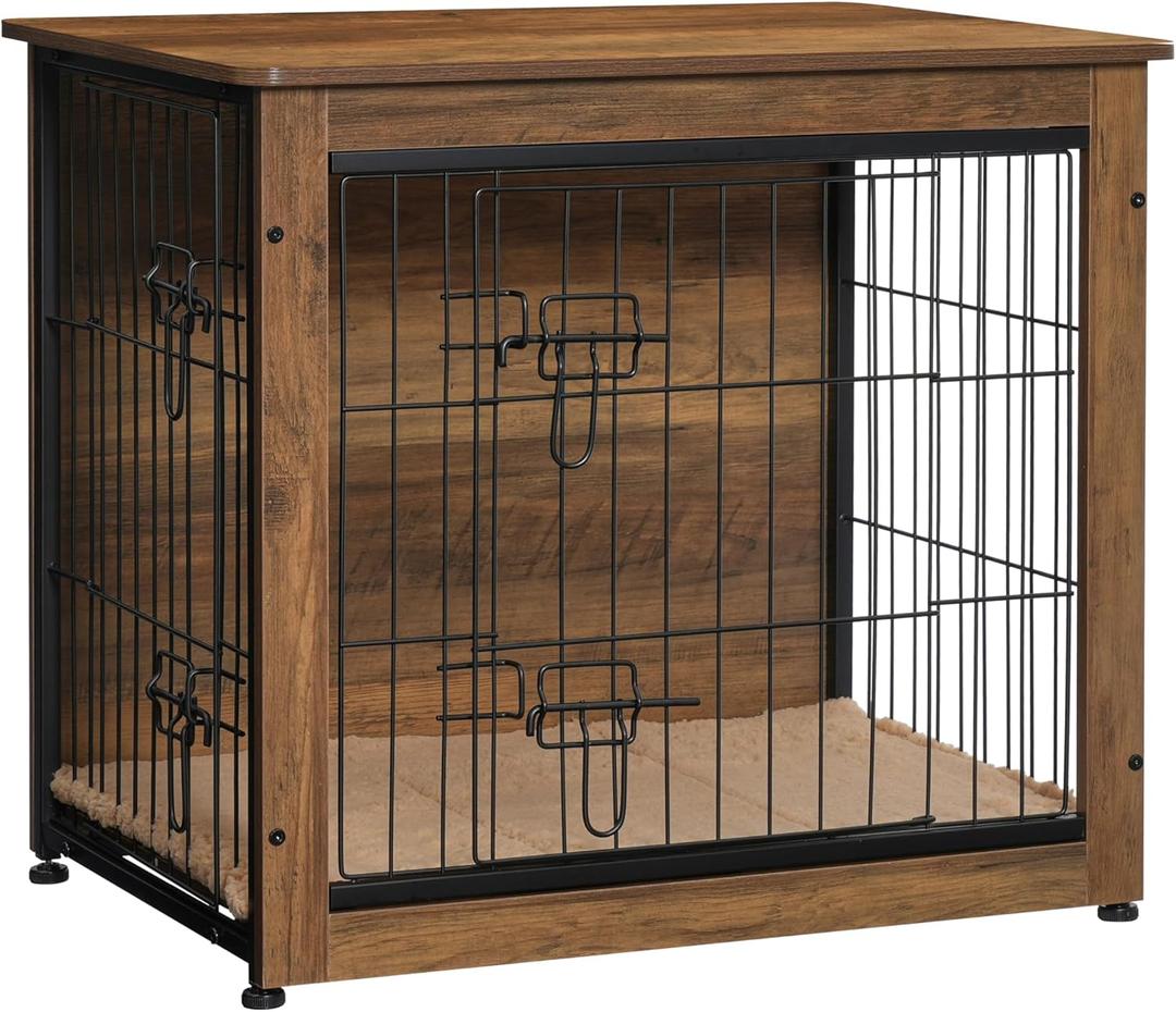 DWANTON Dog Crate Furniture with Cushion, Wooden Kennel Table with Double Doors, Indoor Dog House, Small/Medium/Large Size, 27.2" L, Warm Brown (27.2"L x 20.1"W x 23.6"H)