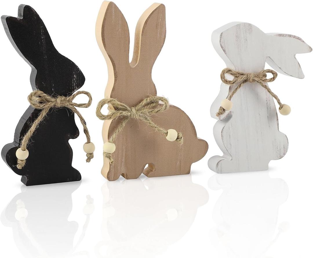 COCHIE Easter Decorations for The Home, Rustic Farmhouse Wooden Bunny Blocks Tiered Tray Decor Set of 3, Vintage Wood Bunnies Sign for Table Top Office Party Shelf Decoration (Colorful)
