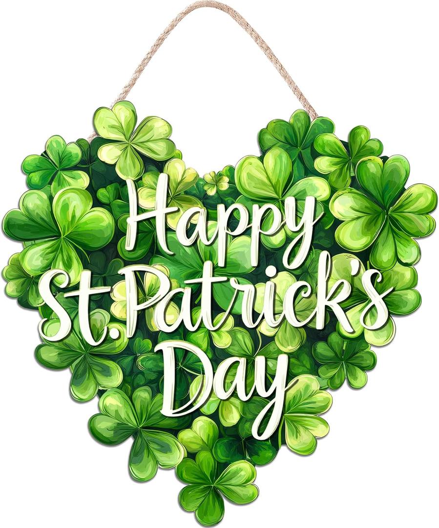 St. Patrick's Day Decorations Wooden Shamrock Door Wreath for Front Door Welcome Sign, Farmhouse St. Patrick's Decor Hanging Sign Outdoor Indoor Shamrock Clover Spring Wall Home Decor