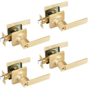 EHOMEWARE 4 Pack Entry Door Handles with Lock and Keys Brushed Brass, Gold Door Knobs with Keys for Bedroom or Living Room, Interior or Exterior Use